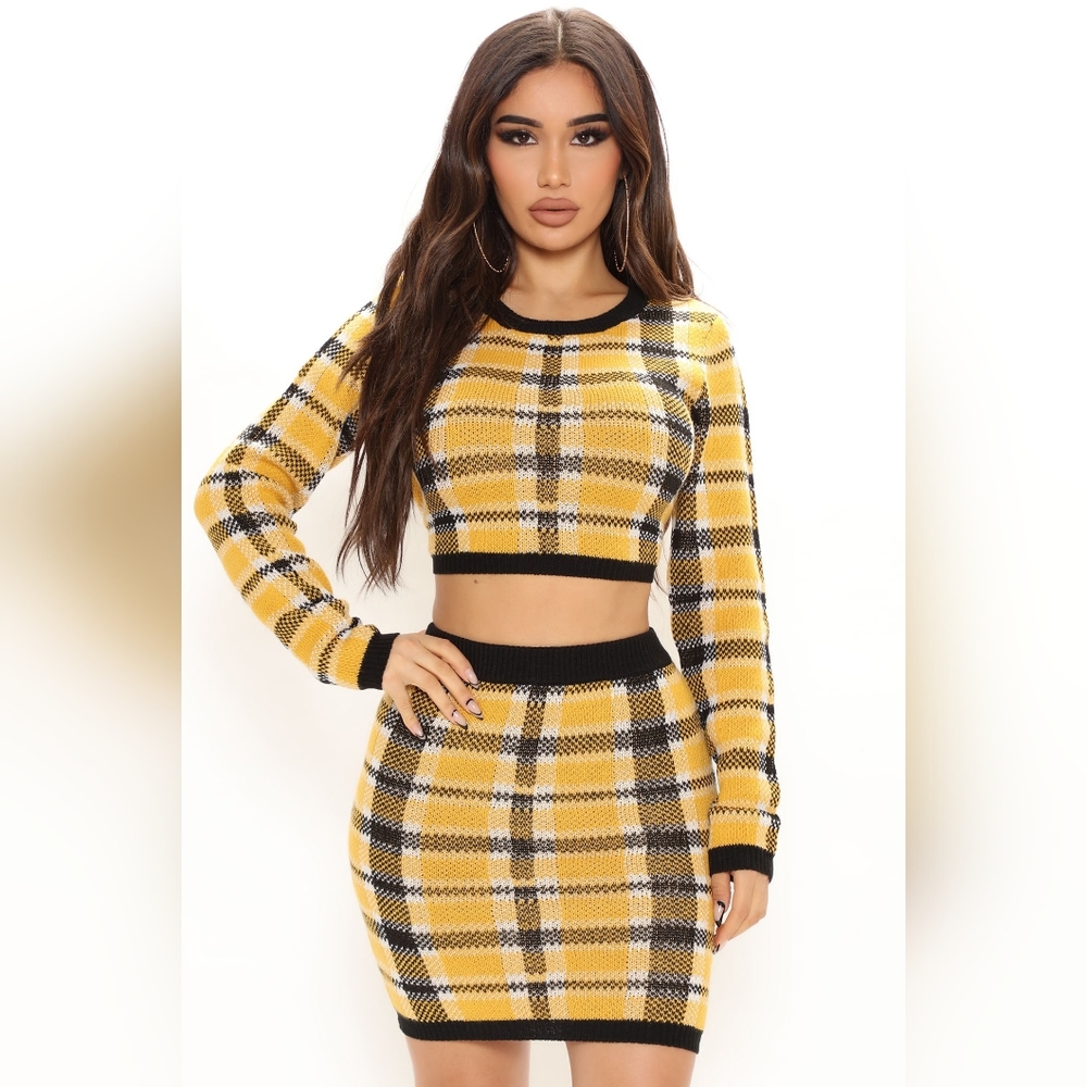 Only For You Plaid Skirt Set - Mustard/combo